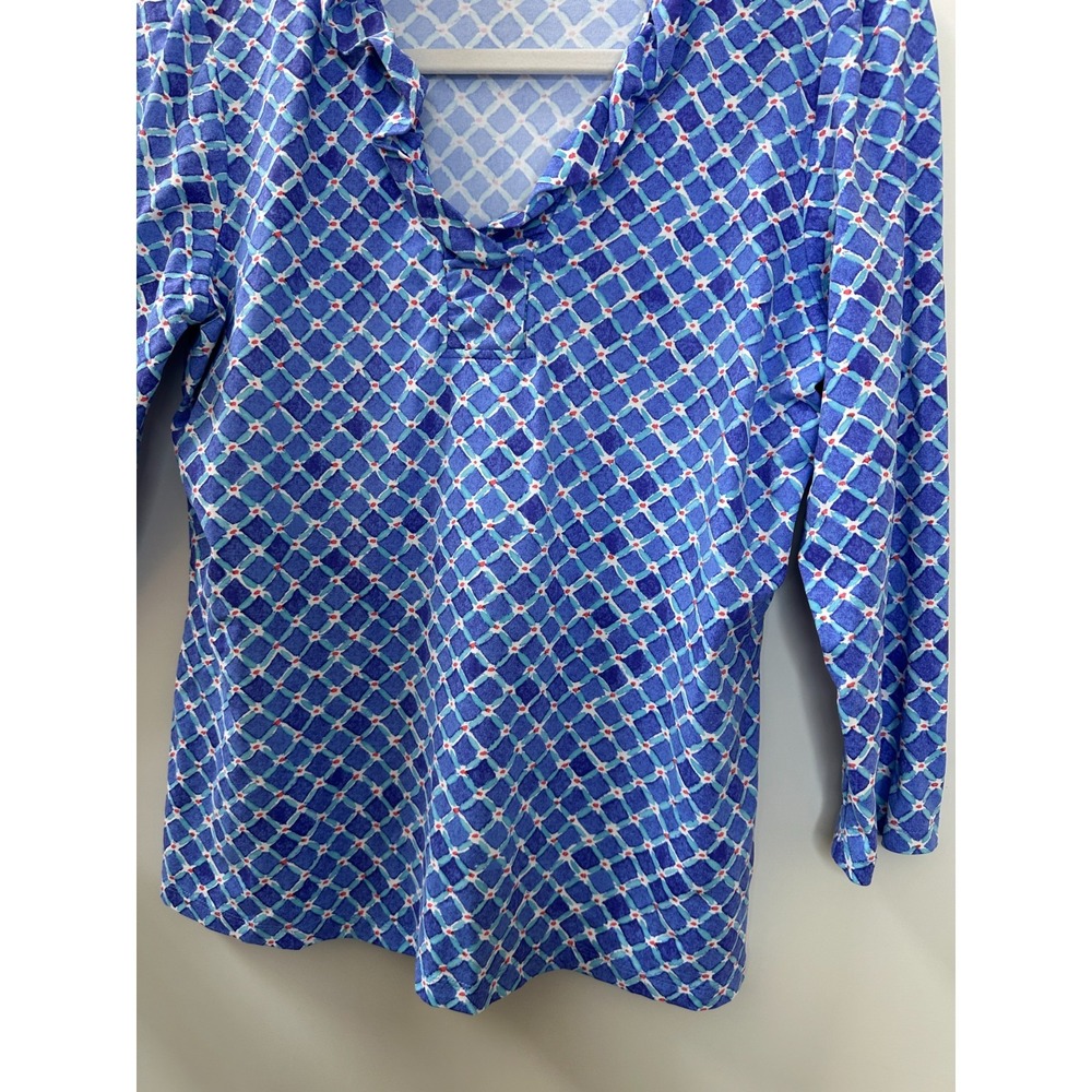 J.McLaughlin Blue Geometric Ruffle Neck 3/4 Sleeve Top No Size Preppy Coastal - Picture 7 of 10